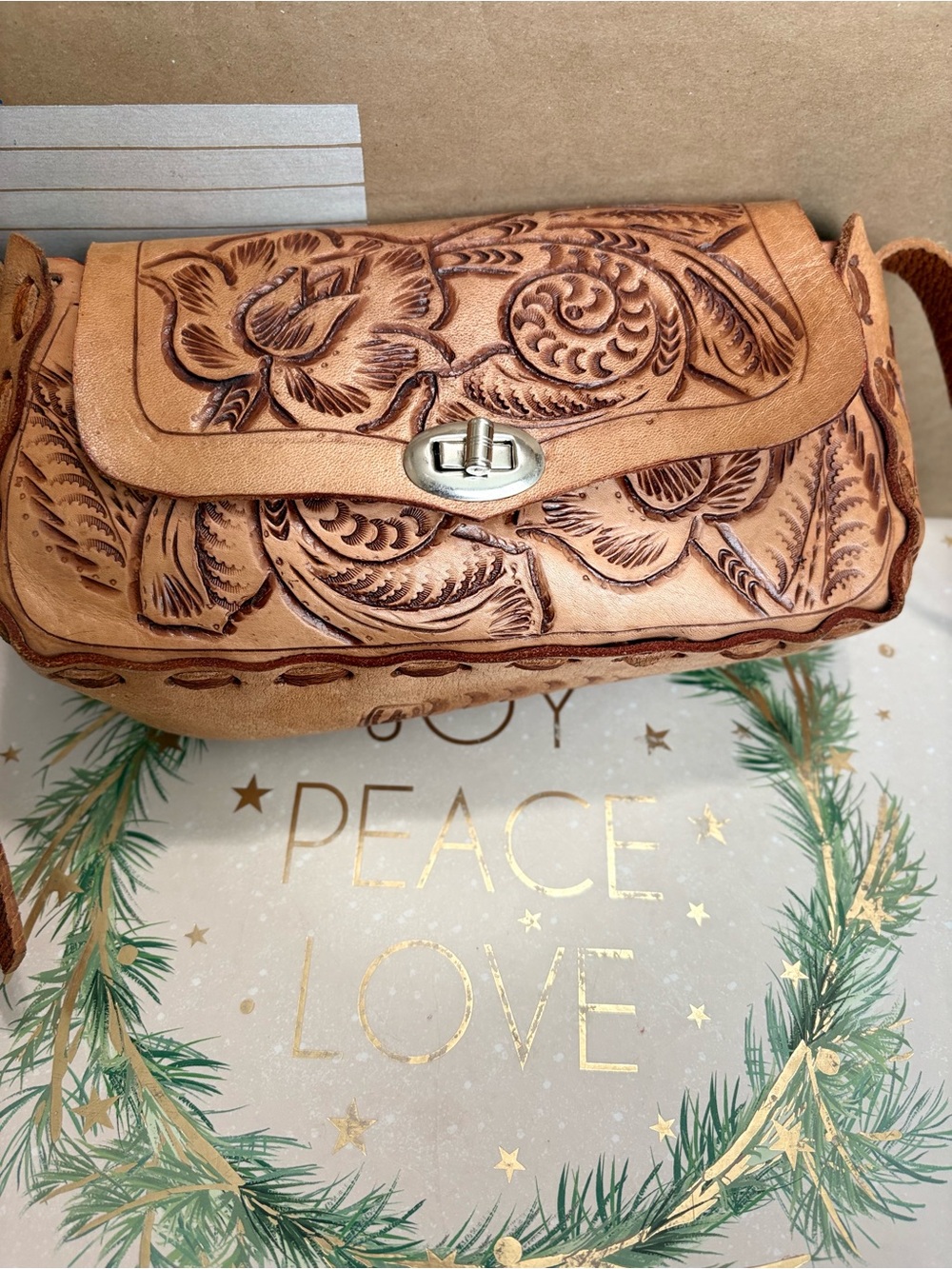 Vintage Hand Tooled Leather Mini Crossbody Bag Boho Western Floral Tooled Purse